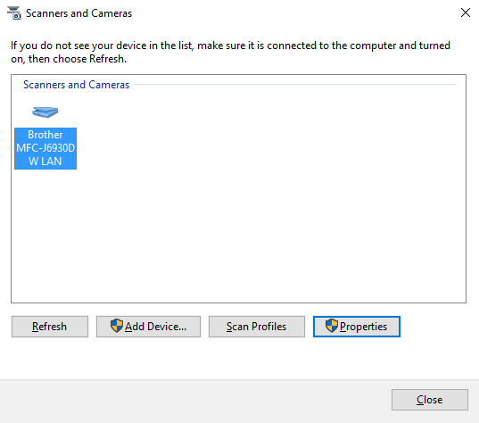 Windows Scanners en camera’s dialoog