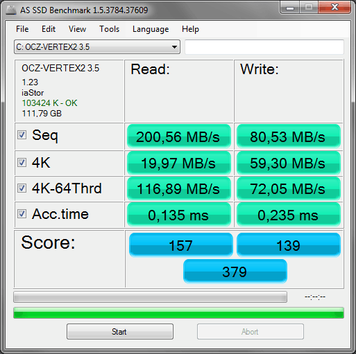 OCZ Vertex 2 120GB, AS SSD1.5, verse Win7 erop