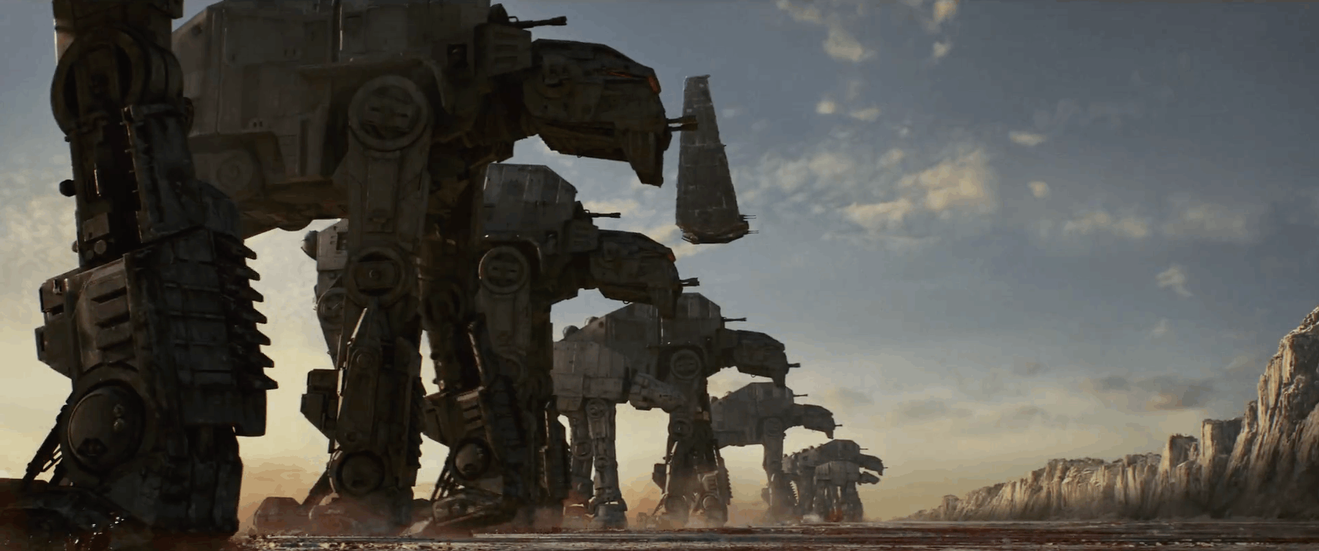 Vervolgens zien we de First Order AT-M6 walkers op Crait richting de Resistance lopen, terwijl de sh