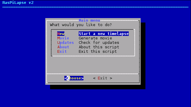 RasPiLapse v2: main menu