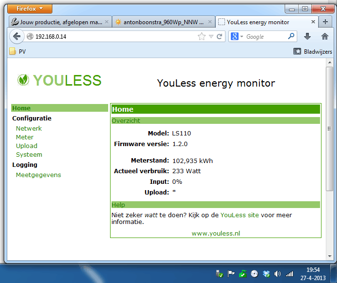 Opbrengst NNW 20:00 uur