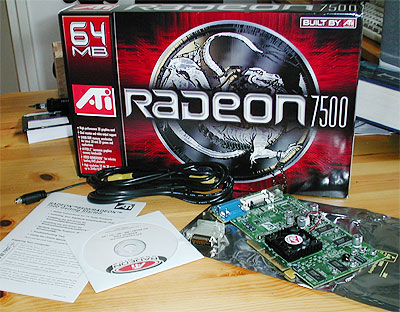 Radeon 7500 doos, kaart en kabels