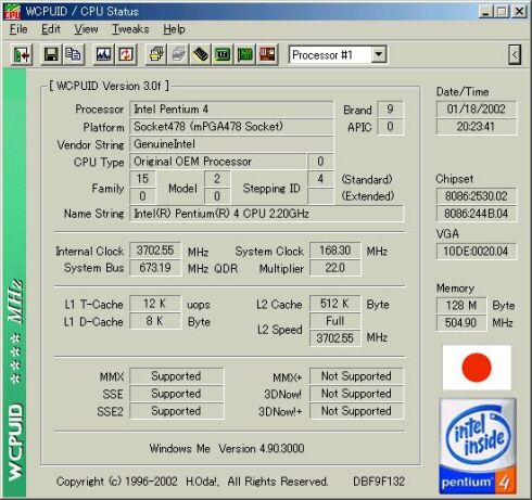 Pentium 4 Northwood 2,2@3,7GHz WCPUID screenshot