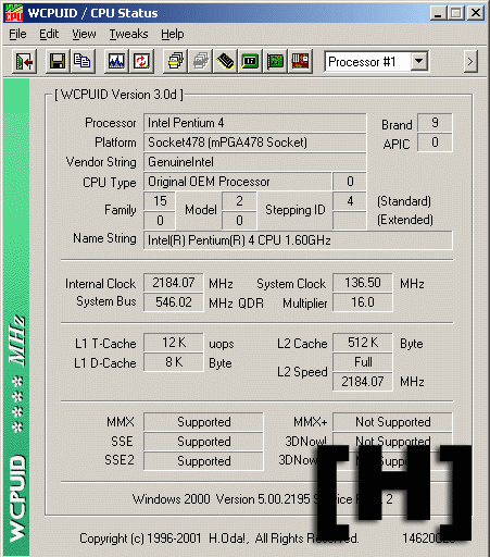 1,6GHz Pentium 4 CPUID screenshot