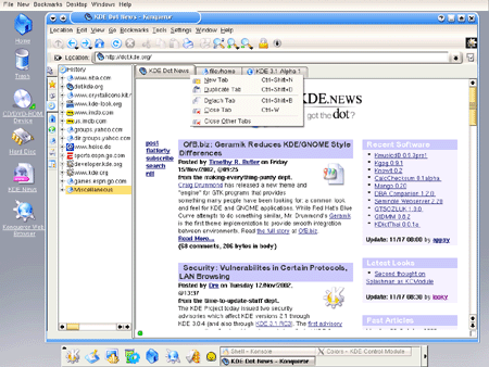 KDE 3.1 screenshot (Konqueror, Crystal Icons en Keramik Theme)