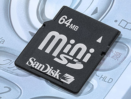 Sandisk 64MB MiniSD-kaart met telefoon achtergrond Sandisk 64MB MiniSD-kaart met telefoon achtergrond