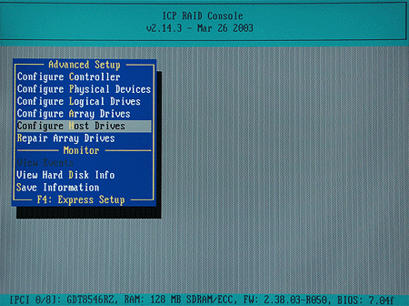 ICP Vortex GDT8546RZ BIOS - Advanced hoofdmenu