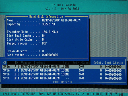 ICP Vortex GDT8546RZ BIOS - Harddisk info
