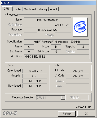 Pentium M Dothan in CPU-Z