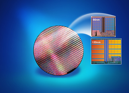 0,09 vs 0,13micron flash Intel met wafer perspic