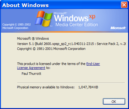Microsoft Windows XP Service Pack 2 RC1 build 5.1.2600.2096 Microsoft Windows XP Service Pack 2 RC1 build 5.1.2600.2096