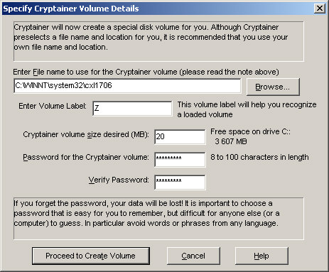 Cryptainer create volume screenshot Cryptainer create volume screenshot