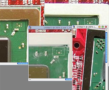 ATi X800 Pro te modificeren naar X800 XT - closeup contactpuntven ATi X800 Pro te modificeren naar X800 XT - closeup contactpuntven