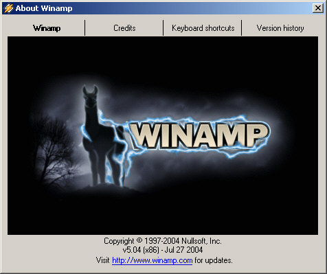 Winamp 5.04 about screen