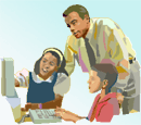 Kinderen met vader bij computer, games