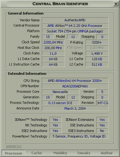 Central Brain Identifier, Athlon 64 3200+ Model C