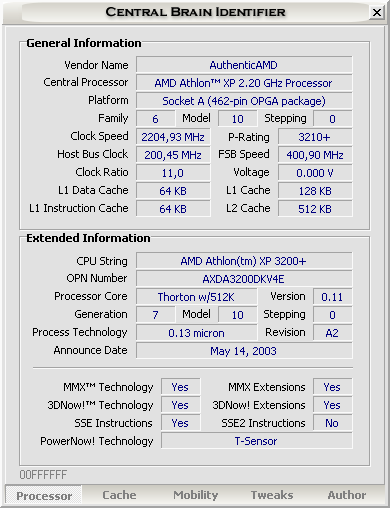 Central Brain Identifier 7.3.0.3 build 1006 - AMD Athlon XP 2500+ op 2200MHz