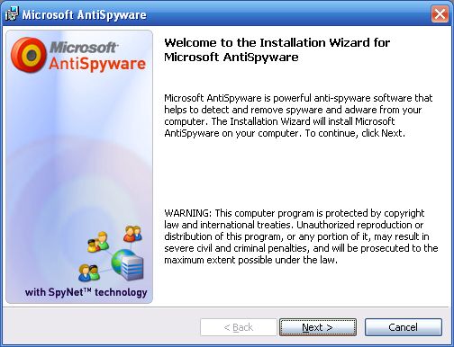 Microsoft AntiSpyware Installatiescherm Microsoft AntiSpyware Installatiescherm