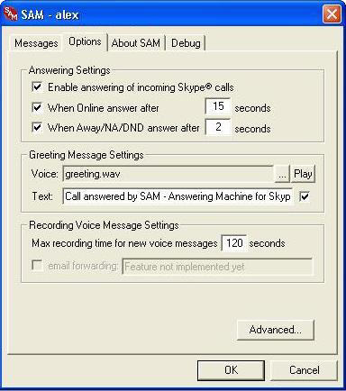 Skype Answering Machine - Options Dialog