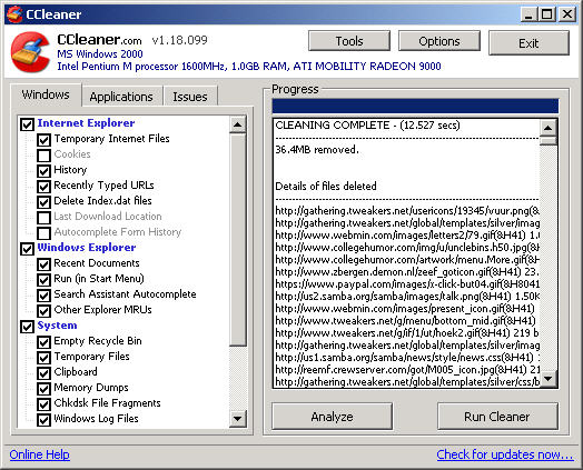 CCleaner 1.18.099 screenie