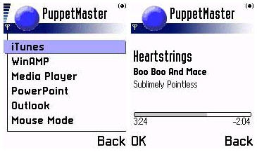 PuppetMaster - Main Menu and various iTunes screens on a Nokia 3650