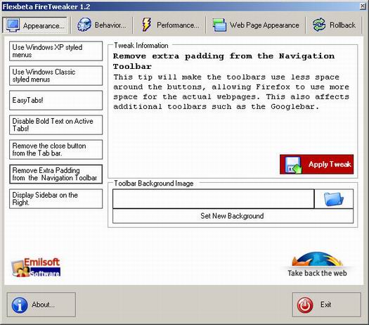 Flexbeta FireTweaker 1.2 screenshot (resized)
