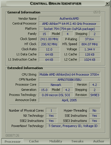 Central Brain Identifier met een Mobile AMD Athlon 64 3700+ Model 4 Revision SH9-E3