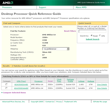 AMD Compare website