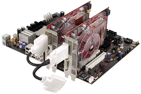 ATi Radeon Crossfire Edition-moederbord met Crossfire-opstelling ATi Radeon Crossfire Edition-moederbord met Crossfire-opstelling