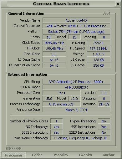 Central Brain Identifier screenshot (AMD Athlon XP-M 3000+ Model C Revision DH7-CG)
