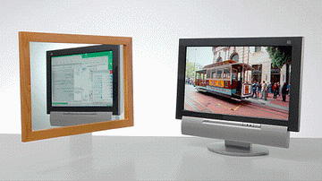 Dubbel-beeld-Sharp: links een spiegel, rechts het scherm