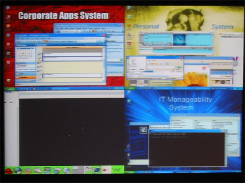 Virtualisatie: screenshot van pc die Linux en driemaal Windows draait