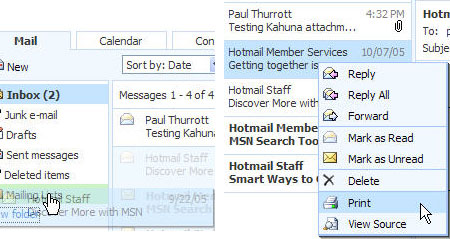 MSN Mail beta - berichten slepen (links) en rechtermuisknopmenu (rechts)