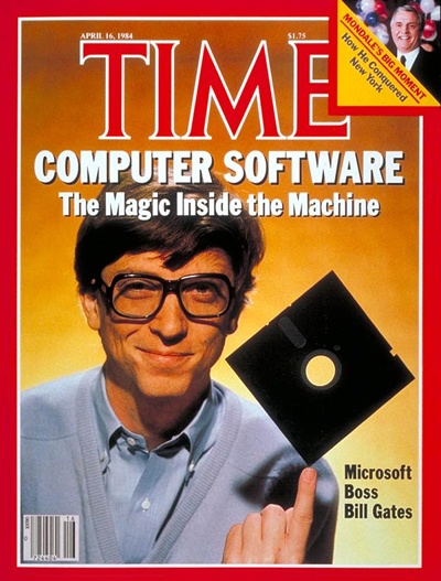 Bill Gates op de cover van Time magazine in 1984, met 5¼