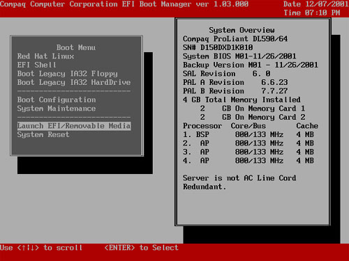 Compaq-scherm met EFI-instellingen