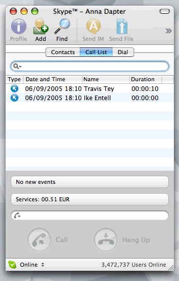 Skype for Mac OS X - Call list