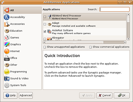 Ubuntu Dapper Drake Add/Remove applications (verkleind)