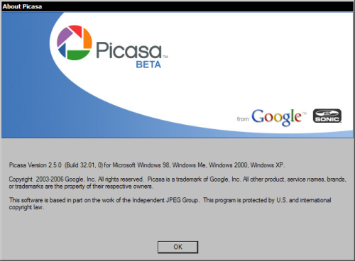 Google Picasa 2.5.0 build 32.01 - about