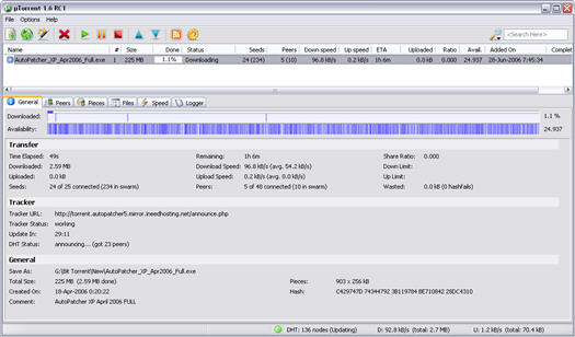 µTorrent 1.6 RC1 build 467 screenshot (resized)