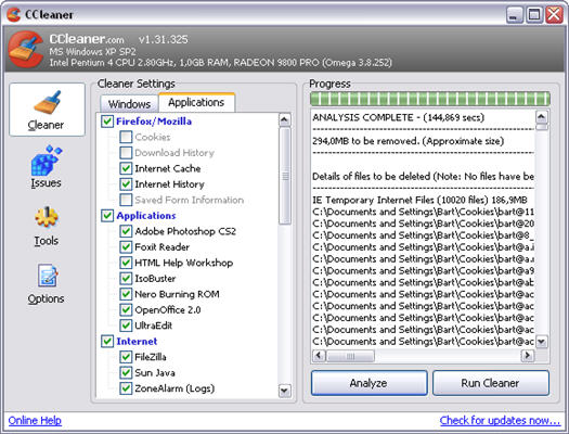 Crap Cleaner 1.31.325 screenshot (resized)