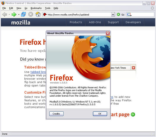 Mozilla Firefox 1.5.0.5 met about scherm