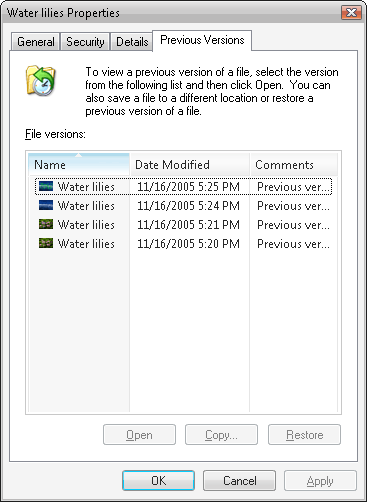 Vista file version management