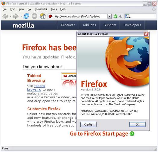 Mozilla Firefox 1.5.0.6 screenshot na update (resized)