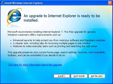 Internet Explorer 7-installatieprompt