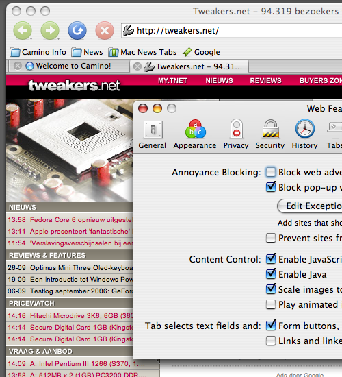 Mozilla Camino 1.1 alpha 1 - crop