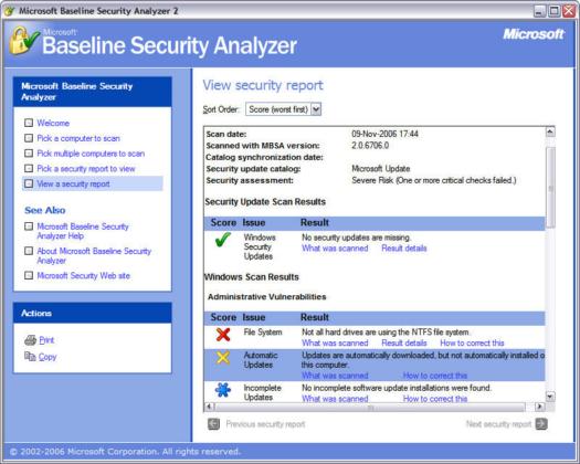 Microsoft Baseline Security Analyzer 2.0.1 screenshot (resized)