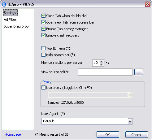 IE7pro 0.9.5 settings screenshot