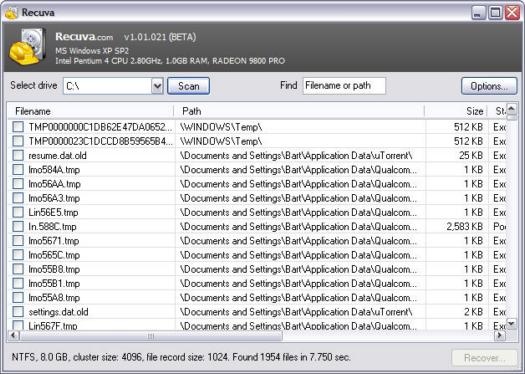 Recuva 1.01.021 beta screenshot (resized)