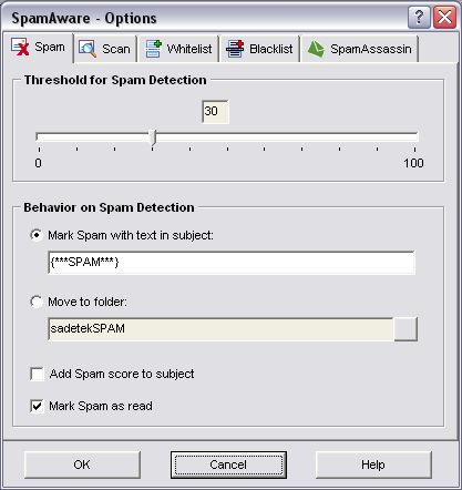 SpamAware - options scherm