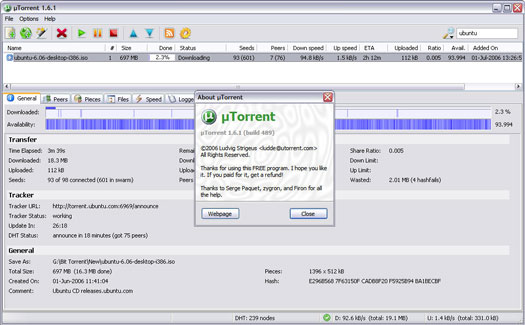 µTorrent 1.6.1 build 489 screenshot (resized)